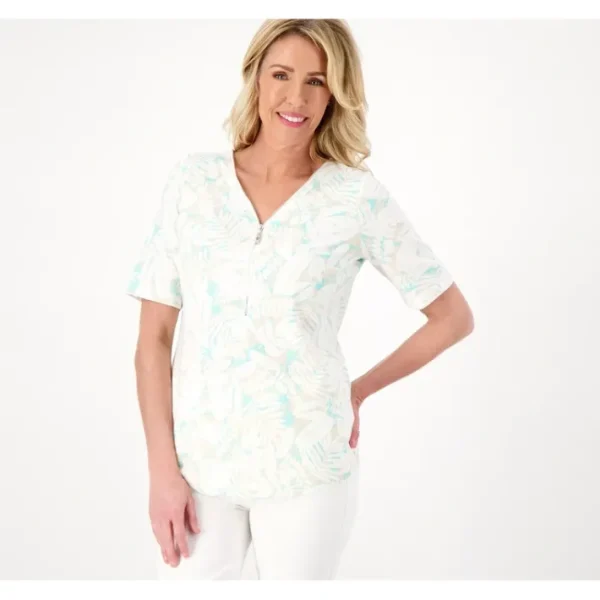 Shop All<Belle by Kim Gravel TripleLuxe Knit Tropical Zip Top - a world of fashionable women's clothing, including a wide selection of dresses and trendy accessories.