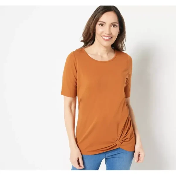 Shop All<Belle by Kim Gravel TripleLuxe Knit Twist Hem Elbow Sleeve Top - a world of fashionable women's clothing, including a wide selection of dresses and trendy accessories.