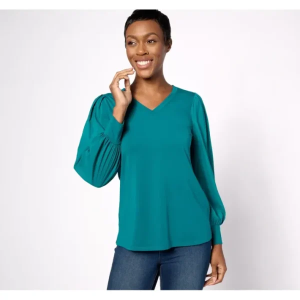 Shop All<Belle by Kim Gravel TripleLuxe Knit V Neck Top with Chiffon Sleeves - a world of fashionable women's clothing, including a wide selection of dresses and trendy accessories.