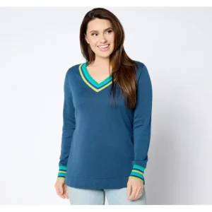 Fashion<Belle by Kim Gravel Varsity Vibes Pop Stripe V Neck Sweater - a world of fashionable women's clothing, including a wide selection of dresses and trendy accessories.
