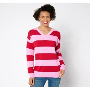 Fashion<Belle by Kim Gravel Varsity Vibes V Neck Rugby Stripe Slouchy Sweater - a world of fashionable women's clothing, including a wide selection of dresses and trendy accessories.