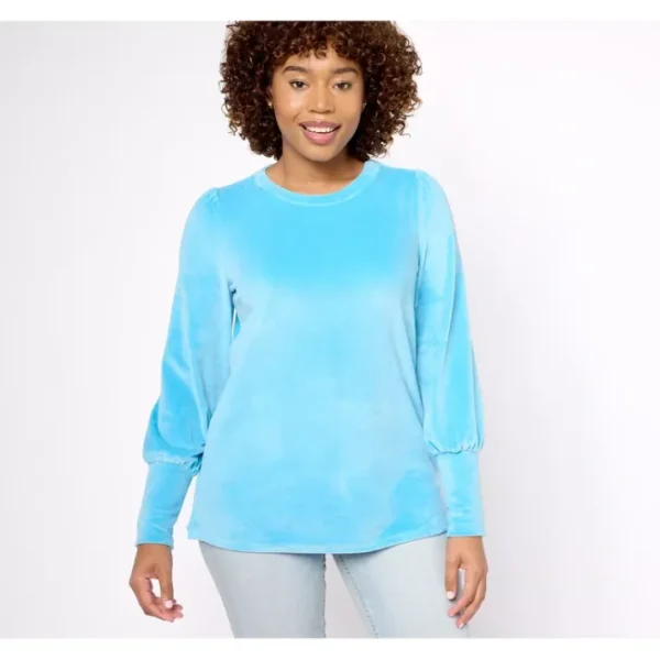 Shop All<Belle by Kim Gravel Velour Top_with Ruched Shoulder and Long Cuff - a world of fashionable women's clothing, including a wide selection of dresses and trendy accessories.
