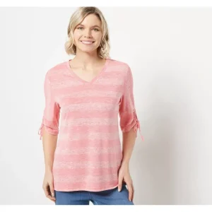 Belle by Kim Gravel V-Neck Shadow Striped Top w/ Ruched Sleeve - a world of fashionable women's clothing, including a wide selection of dresses and trendy accessories.> Hat