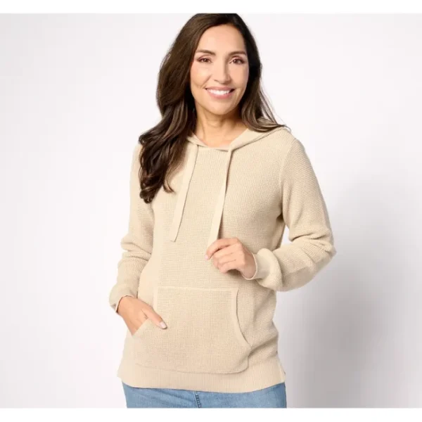 Shop All<Belle by Kim Gravel Waffle Stitch Kanga Pocket Hoodie - a world of fashionable women's clothing, including a wide selection of dresses and trendy accessories.