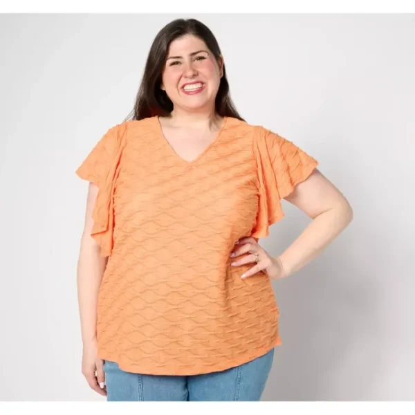 Shop All<Belle by Kim Gravel Wave Pointelle Flutter Sleeve Top - a world of fashionable women's clothing, including a wide selection of dresses and trendy accessories.