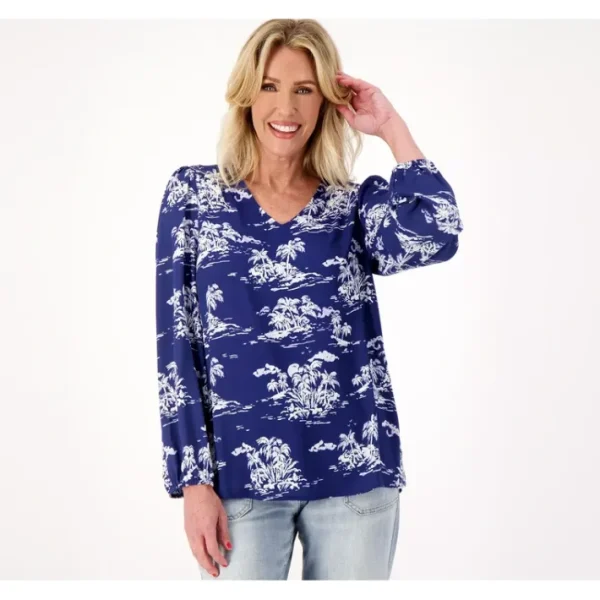 Shop All<Belle by Kim Gravel White Haute Palms V-Neck Blouse - a world of fashionable women's clothing, including a wide selection of dresses and trendy accessories.