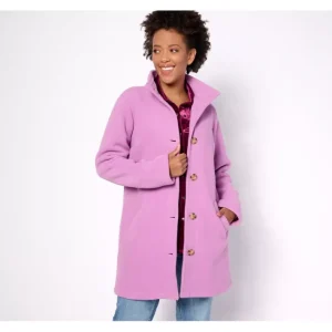 Fashion<Button Fleece Bonded with Sherpa Jacket - a world of fashionable women's clothing, including a wide selection of dresses and trendy accessories.