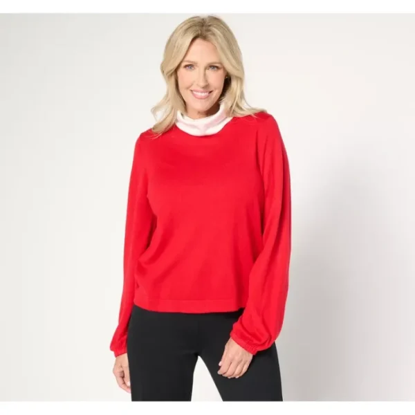 Shop All<by Stacy London Mock Neck Sweater with Gathered Sleeve - a world of fashionable women's clothing, including a wide selection of dresses and trendy accessories.