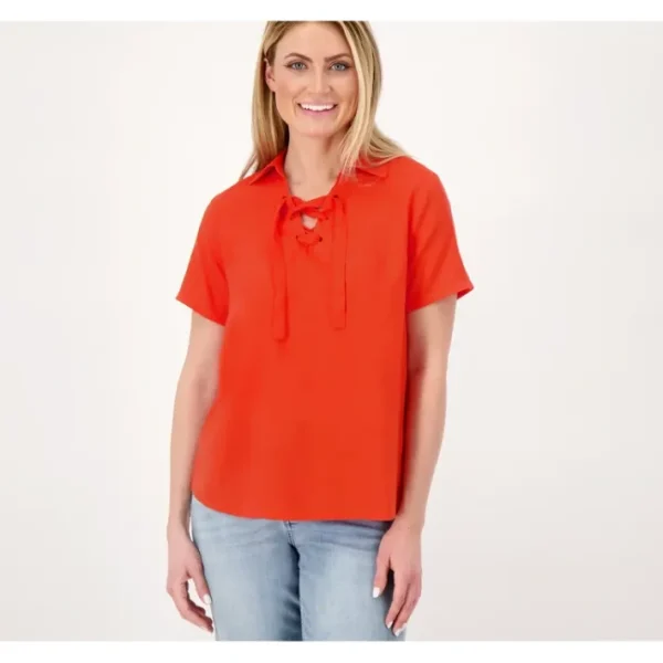 Shop All<Candace Cameron Bure Coastal Linen Lace Up Top - a world of fashionable women's clothing, including a wide selection of dresses and trendy accessories.