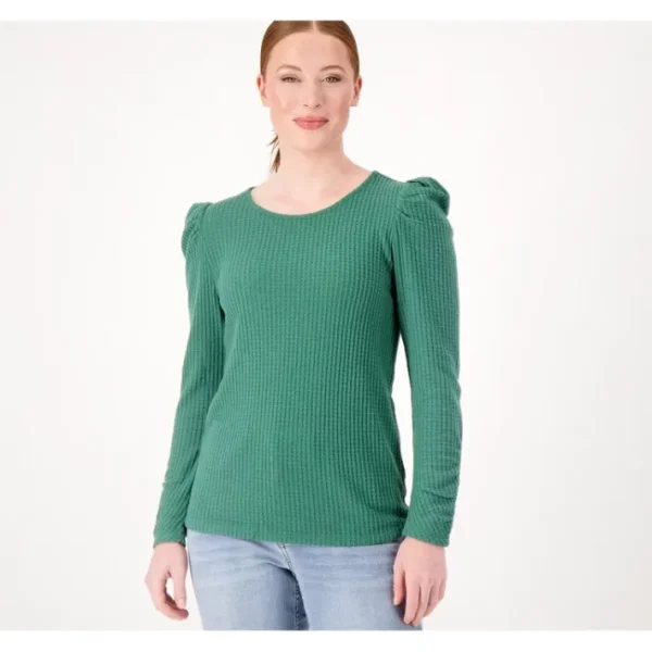 Shop All<Candace Cameron Bure Drapey Waffle Ruched Sleeve Top - a world of fashionable women's clothing, including a wide selection of dresses and trendy accessories.