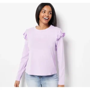 Fashion<Candace Cameron Bure Long-Sleeve Top with Ruffle Shoulder Detail - a world of fashionable women's clothing, including a wide selection of dresses and trendy accessories.