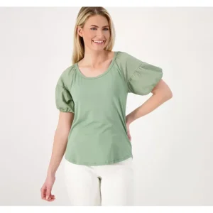 Dresses<Candace Cameron Bure Mixed Media Puff Sleeve Top - a world of fashionable women's clothing, including a wide selection of dresses and trendy accessories.