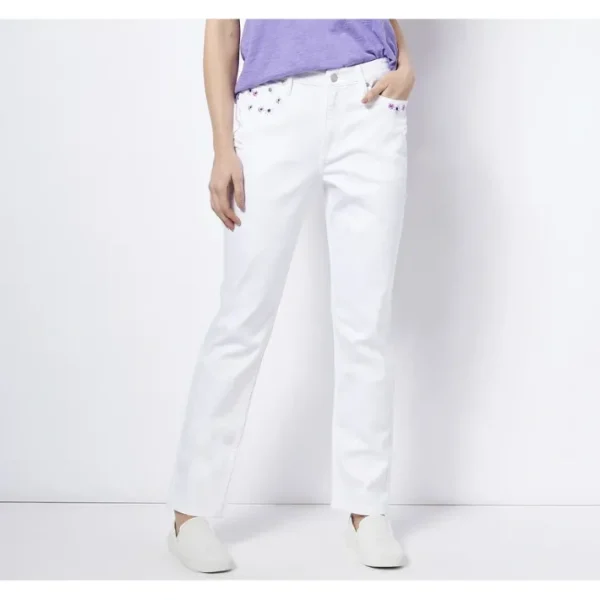 Shop All<Candace Cameron Bure Petite Embroid Girlfriend Jean- White - a world of fashionable women's clothing, including a wide selection of dresses and trendy accessories.