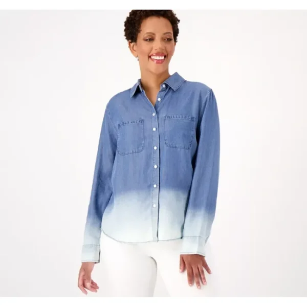 Shop All<Candace Cameron Bure Petite Lyocell Bleach Dip Denim Shirt - a world of fashionable women's clothing, including a wide selection of dresses and trendy accessories.