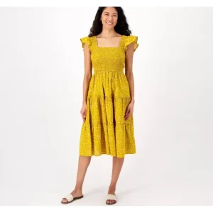 Candace Cameron Bure Petite Printed Smocked Midi Dress - a world of fashionable women's clothing, including a wide selection of dresses and trendy accessories.> Hat