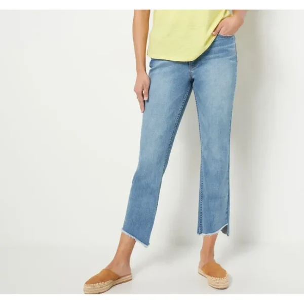Shop All<Candace Cameron Bure Petite Raw Edge Step Hem Jean- Denim - a world of fashionable women's clothing, including a wide selection of dresses and trendy accessories.