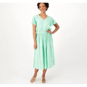 Dresses<Candace Cameron Bure Petite Smocked V-Neck Midi Dress - a world of fashionable women's clothing, including a wide selection of dresses and trendy accessories.