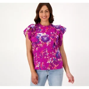 Candace Cameron Bure Printed Eyelet Top with Ruffle Detail - a world of fashionable women's clothing, including a wide selection of dresses and trendy accessories.> Hat