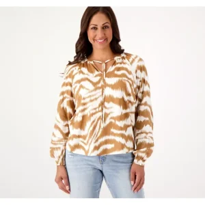 Candace Cameron Bure Printed Split Neck Pintuck Sleeve Blouse - a world of fashionable women's clothing, including a wide selection of dresses and trendy accessories.> Hat