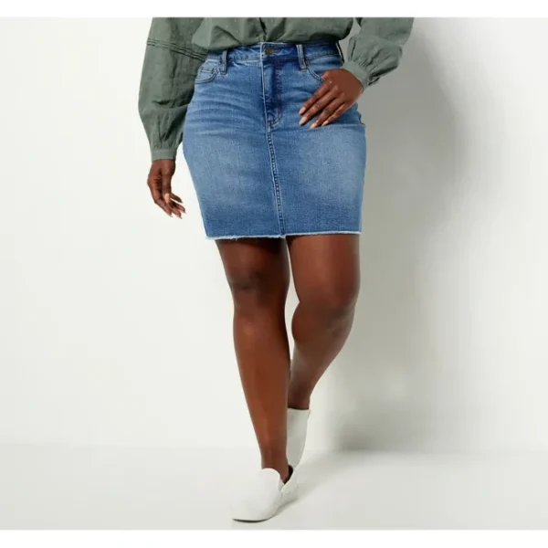 Shop All<Candace Cameron Bure Regular Denim Skirt with Frayed Hem - a world of fashionable women's clothing, including a wide selection of dresses and trendy accessories.