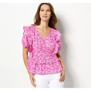 Candace Cameron Bure Ruffle Detail Peplum V-Neck Blouse - a world of fashionable women's clothing, including a wide selection of dresses and trendy accessories.> Hat