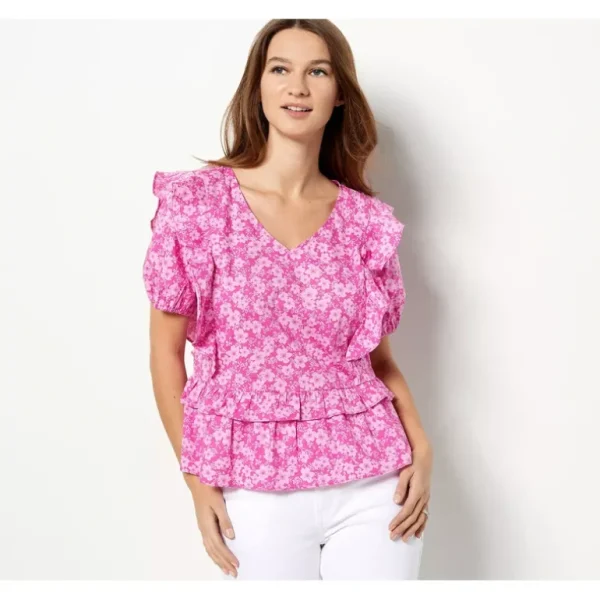 Candace Cameron Bure Ruffle Detail Peplum V-Neck Blouse - a world of fashionable women's clothing, including a wide selection of dresses and trendy accessories.> Hat