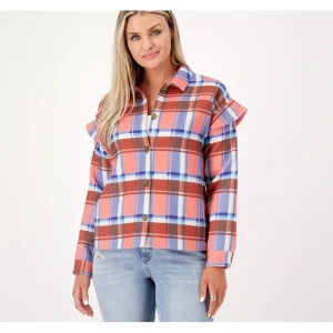 Candace Cameron Bure Ruffle Sleeve Shirt Jacket - a world of fashionable women's clothing, including a wide selection of dresses and trendy accessories.> Hat
