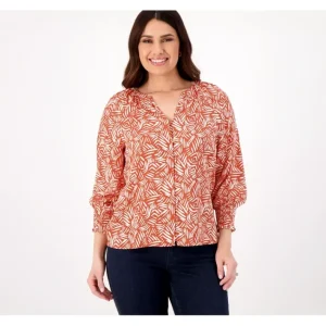 Fashion<Candace Cameron Bure Smocked Cuff Split Neck Printed Blouse - a world of fashionable women's clothing, including a wide selection of dresses and trendy accessories.