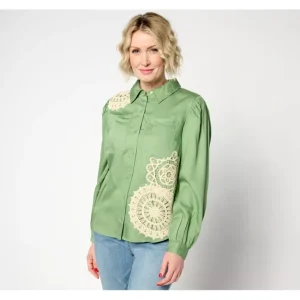 Fashion<Canyon Retreat Crochet Applique Button Front Top - a world of fashionable women's clothing, including a wide selection of dresses and trendy accessories.