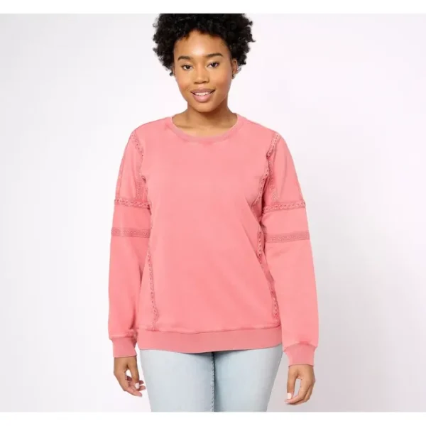 Shop All<Canyon Retreat French Terry Crew Neck Lace Detail Pullover - a world of fashionable women's clothing, including a wide selection of dresses and trendy accessories.