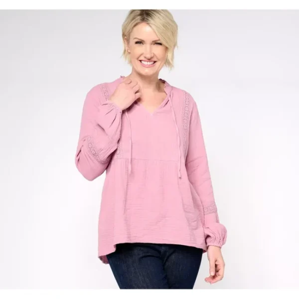 Shop All<Canyon Retreat Long Sleeve V-Neck Lace Trim Top - a world of fashionable women's clothing, including a wide selection of dresses and trendy accessories.