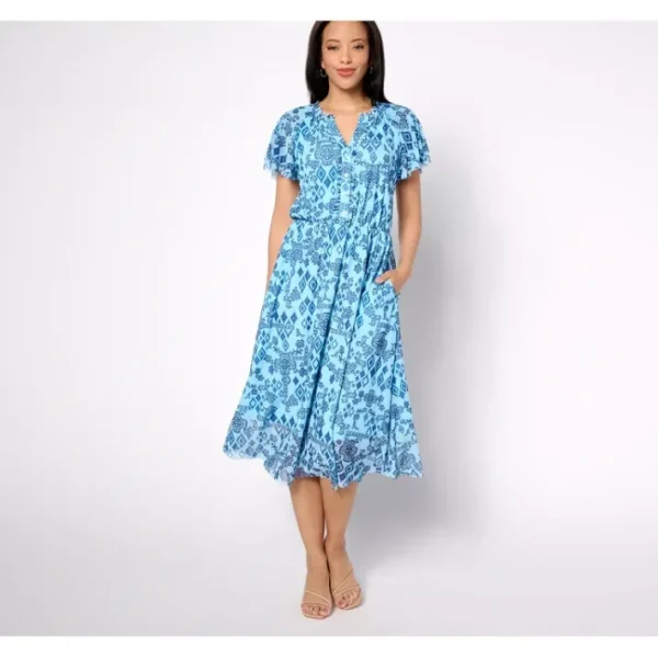 Dresses<Canyon Retreat Mesh Raglan Flutter Sleeve Midi Dress - a world of fashionable women's clothing, including a wide selection of dresses and trendy accessories.