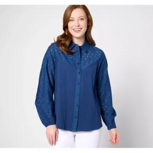 Fashion<Canyon Retreat Mixed Media Button Front Shirt - a world of fashionable women's clothing, including a wide selection of dresses and trendy accessories.