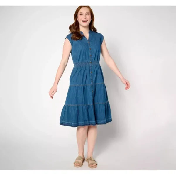 Dresses<Canyon Retreat Smocked Waist Denim Dress - Indigos - a world of fashionable women's clothing, including a wide selection of dresses and trendy accessories.