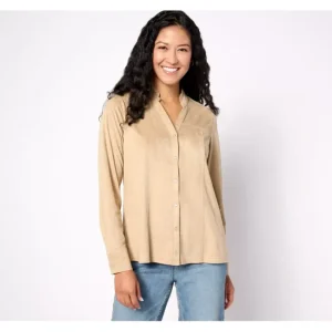Fashion<Canyon Retreat Snap Front Suede Long Sleeve Top - a world of fashionable women's clothing, including a wide selection of dresses and trendy accessories.