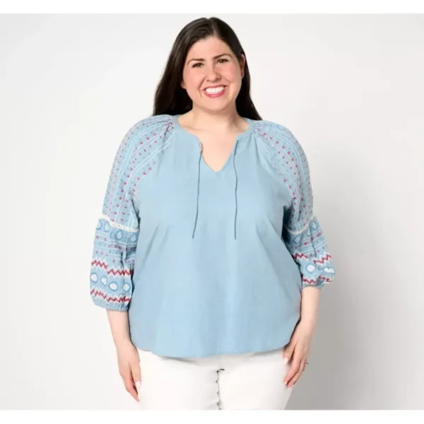Canyon Retreat Split Neck Top w/ Embroidered Sleeve - a world of fashionable women's clothing, including a wide selection of dresses and trendy accessories.> Hat