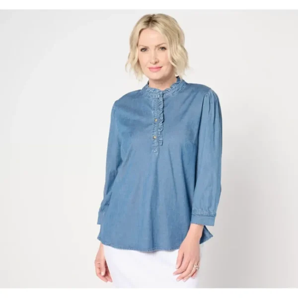 Fashion<Chambray 3/4 Puff Sleeve Ruffle Top - a world of fashionable women's clothing, including a wide selection of dresses and trendy accessories.