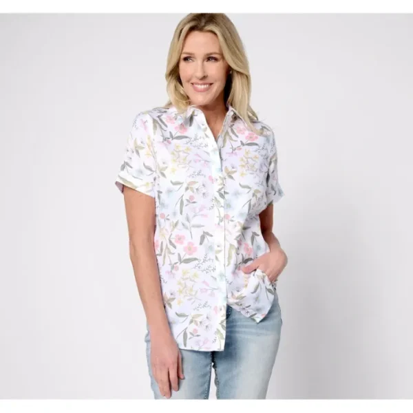 Shop All<Coldwater Creek No-Iron Short Sleeve Shirt in Prints Solids - a world of fashionable women's clothing, including a wide selection of dresses and trendy accessories.