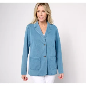 Fashion<Comfy Knit Air Denim Blazer with Patch Pockets - a world of fashionable women's clothing, including a wide selection of dresses and trendy accessories.