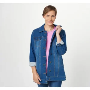 Comfy Knit Long Button-Front Denim Jacket - a world of fashionable women's clothing, including a wide selection of dresses and trendy accessories.> Hat