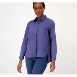 Fashion<Coolmax Curved Hem Shirt with Button Detail - a world of fashionable women's clothing, including a wide selection of dresses and trendy accessories.