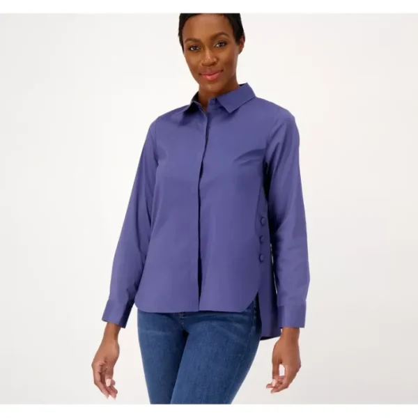 Fashion<Coolmax Curved Hem Shirt with Button Detail - a world of fashionable women's clothing, including a wide selection of dresses and trendy accessories.