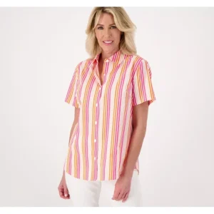 Fashion<Coolmax Striped Button Front Shirt - a world of fashionable women's clothing, including a wide selection of dresses and trendy accessories.