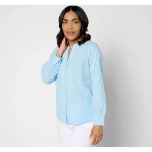 Fashion<Cotton Eyelet Button Down Shirt - a world of fashionable women's clothing, including a wide selection of dresses and trendy accessories.