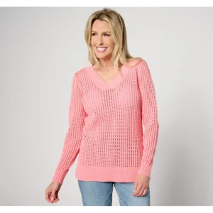 Fashion<Cotton Open Stitch Long Sleeve V-Neck Sweater - a world of fashionable women's clothing, including a wide selection of dresses and trendy accessories.