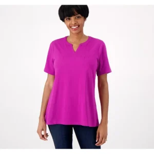 Denim and Co. Essentials Favorite Jersey Split V-Neck Swing Top - a world of fashionable women's clothing, including a wide selection of dresses and trendy accessories.> Hat