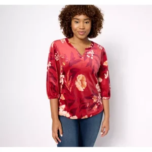 Fashion<Denim Co Printed Silky Velour Split Neck 3/4 Sleeve Top - a world of fashionable women's clothing, including a wide selection of dresses and trendy accessories.