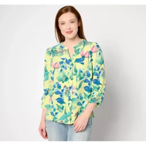 Denim Printed Y-Neck Blouse with Sleeve Detail - a world of fashionable women's clothing, including a wide selection of dresses and trendy accessories.> Hat