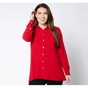 Dennis Basso Caviar Crepe Knit Button Front Big Shirt w/ Hi-Low Hem - a world of fashionable women's clothing, including a wide selection of dresses and trendy accessories.> Hat