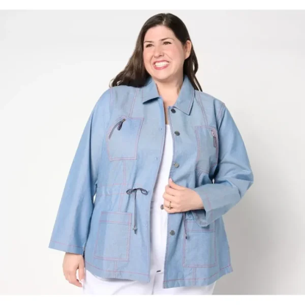 Shop All<Dennis Basso Chambray Jacket with Contrast Stitching - a world of fashionable women's clothing, including a wide selection of dresses and trendy accessories.